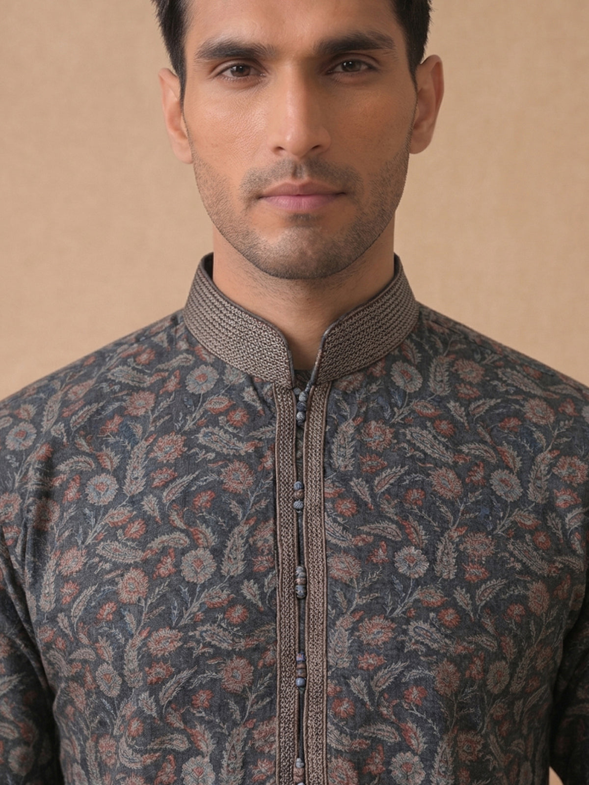 Black Silk Kurta Set for Men with Cream Aligarhi – Floral Embroidery - KORANM