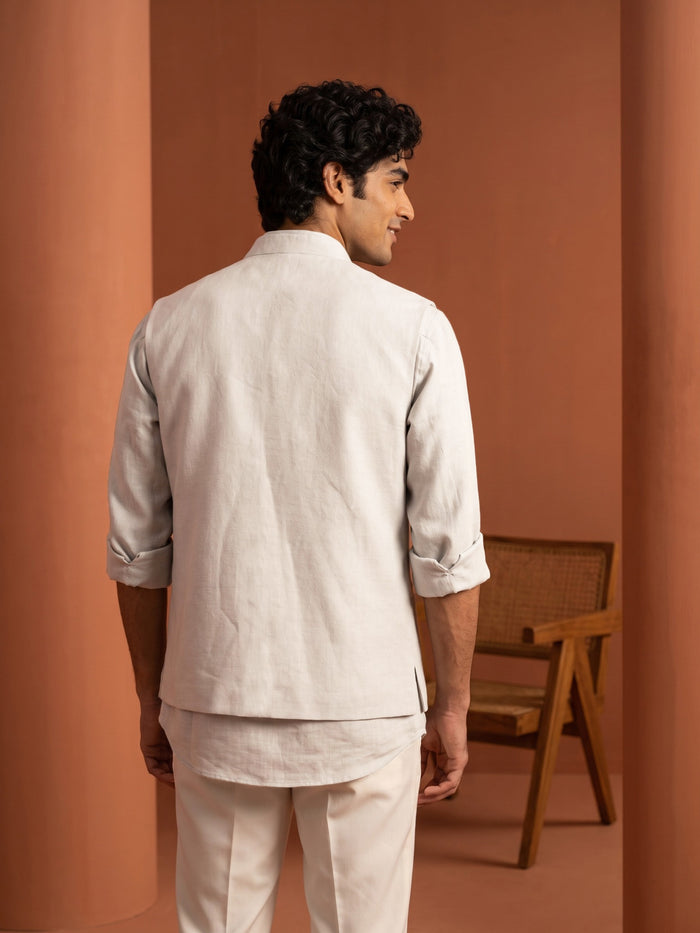 Grey Linen Bandi Shirt featuring Deer & Tree Embroidery for Men