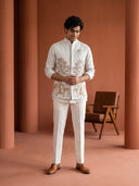 Grey Linen Bandi Shirt featuring Deer & Tree Embroidery for Men