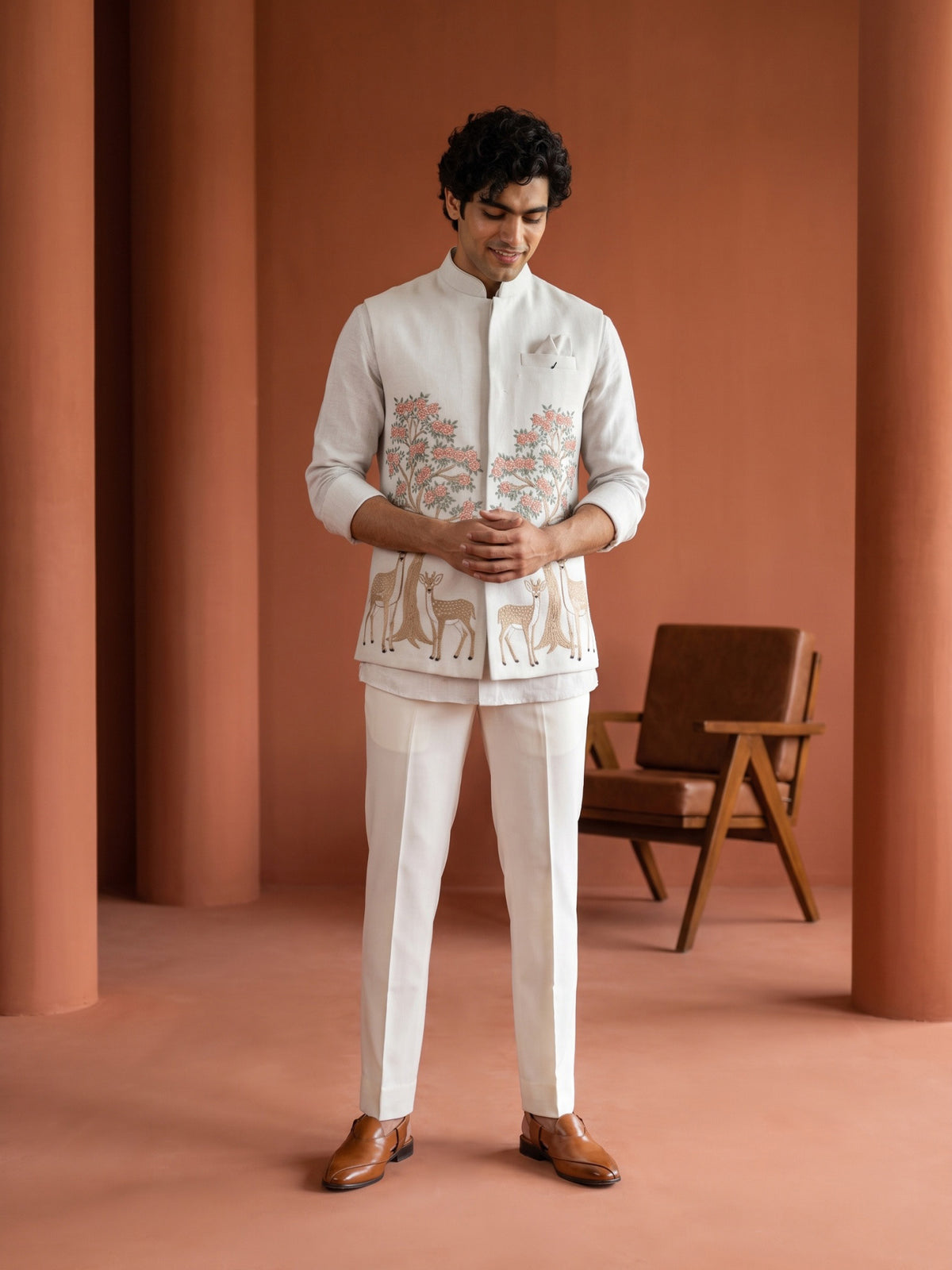 Grey Linen Bandi Shirt featuring Deer & Tree Embroidery for Men