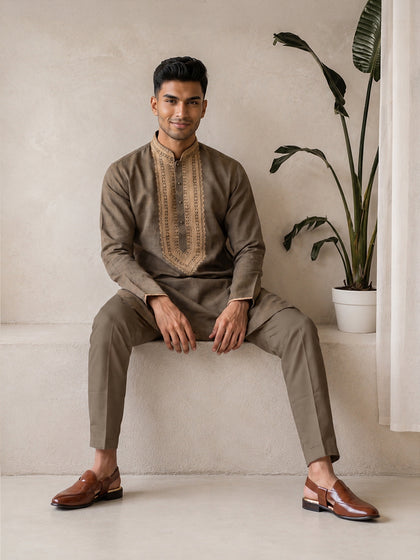 Olive Green Linen Embroidered Kurta and Palazzo