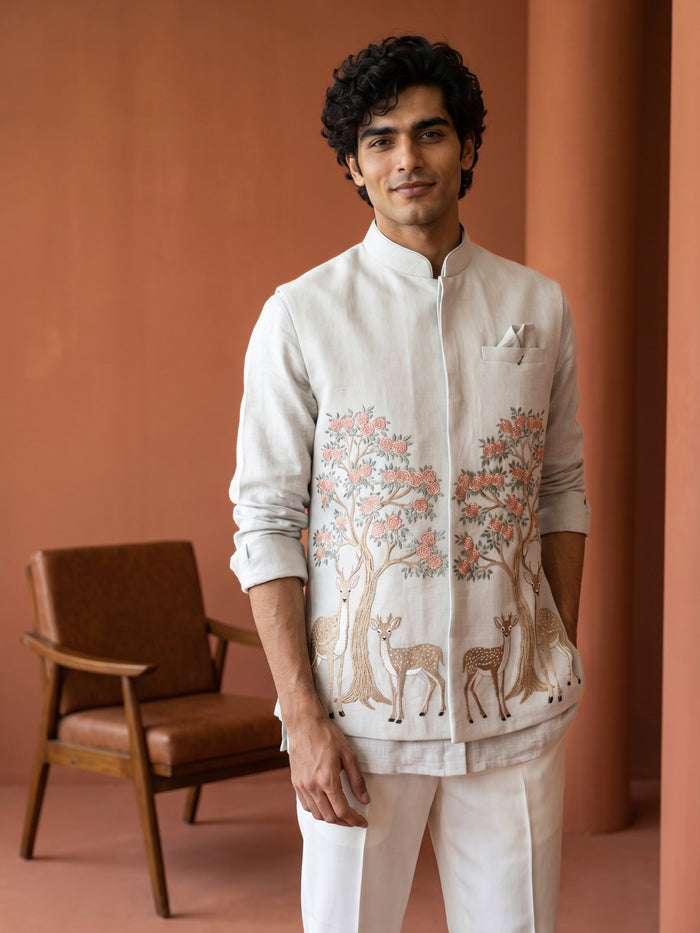 Grey Linen Bandi Shirt featuring Deer & Tree Embroidery for Men
