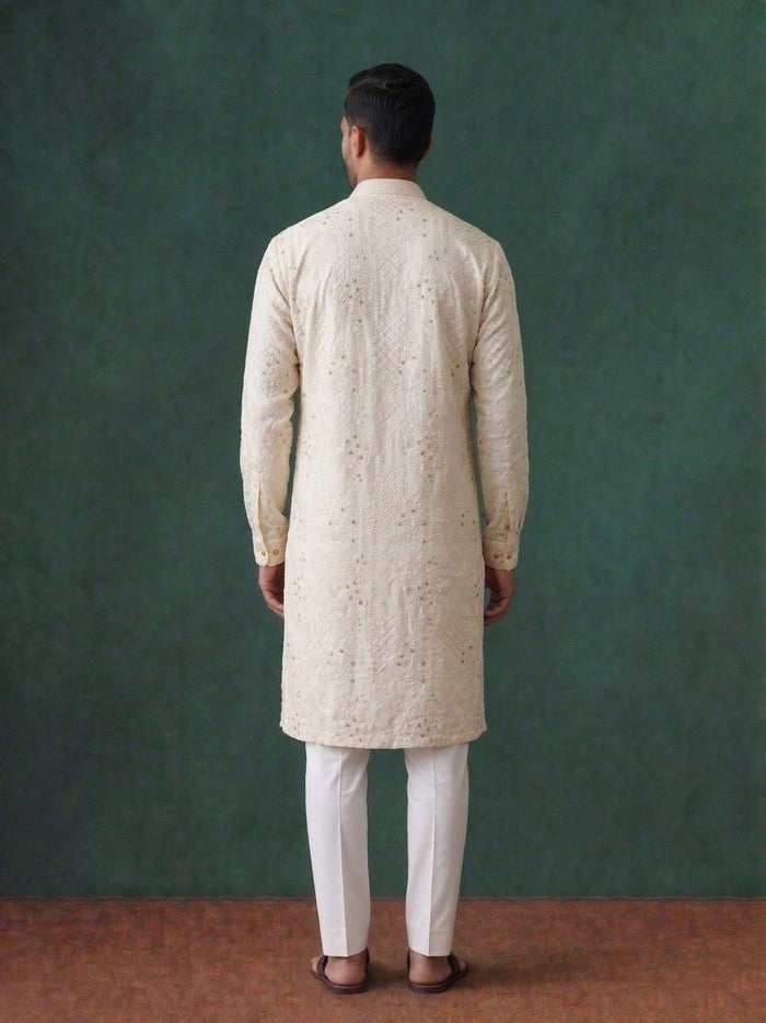 Pink Silk Kurta Set with White Aligarhi for Men – Resham Work Ethnic Wear - KORANM