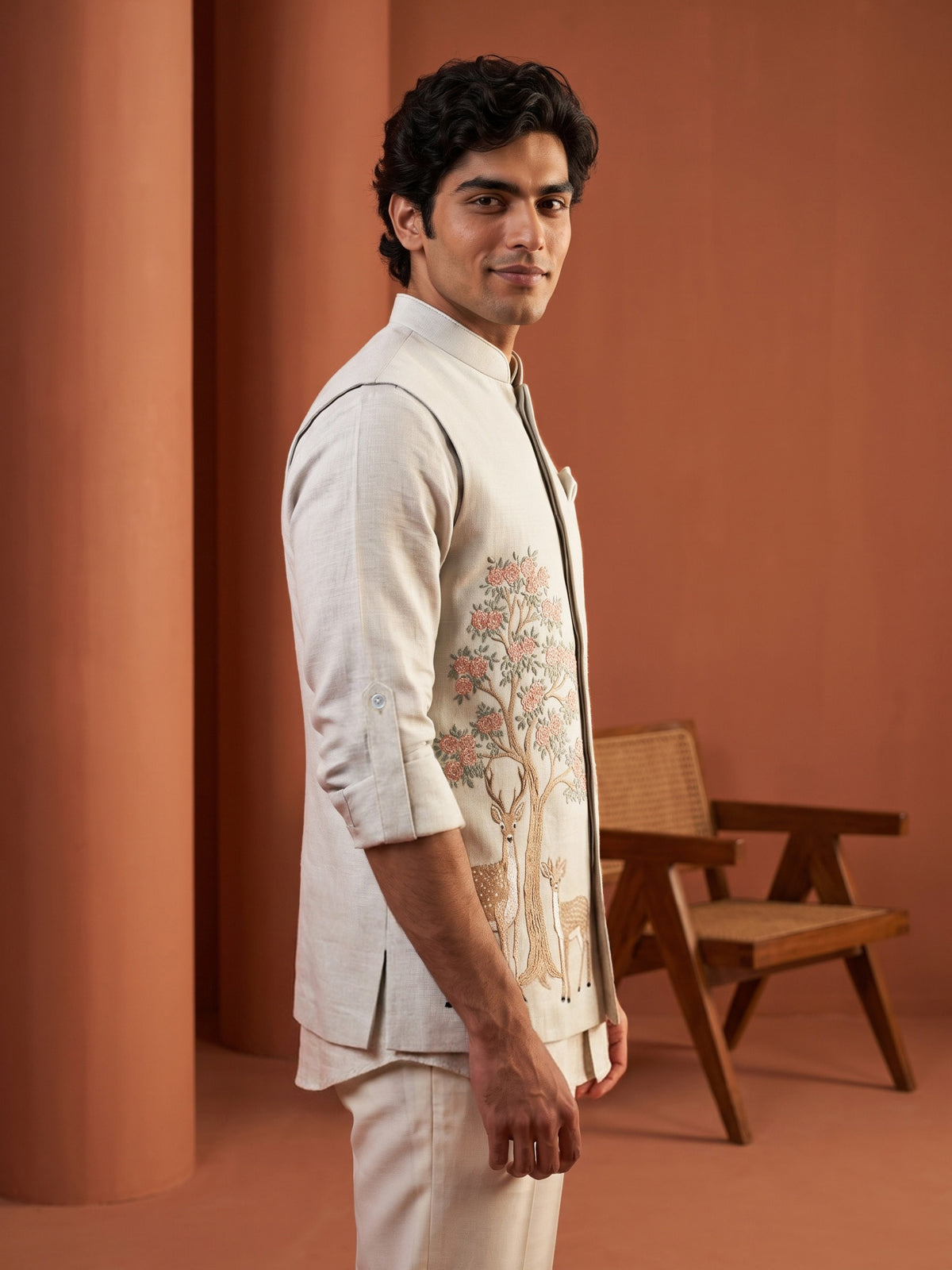 Grey Linen Bandi Shirt featuring Deer & Tree Embroidery for Men