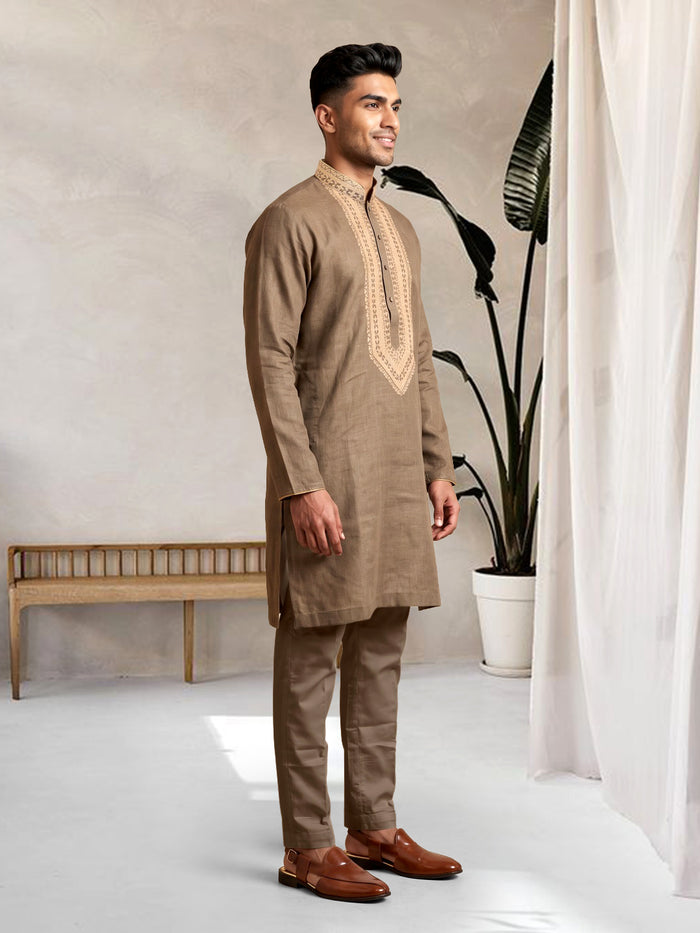 Olive Green Linen Embroidered Kurta and Palazzo - KORANM