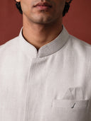 Grey Linen Bandi Shirt featuring Deer & Tree Embroidery for Men