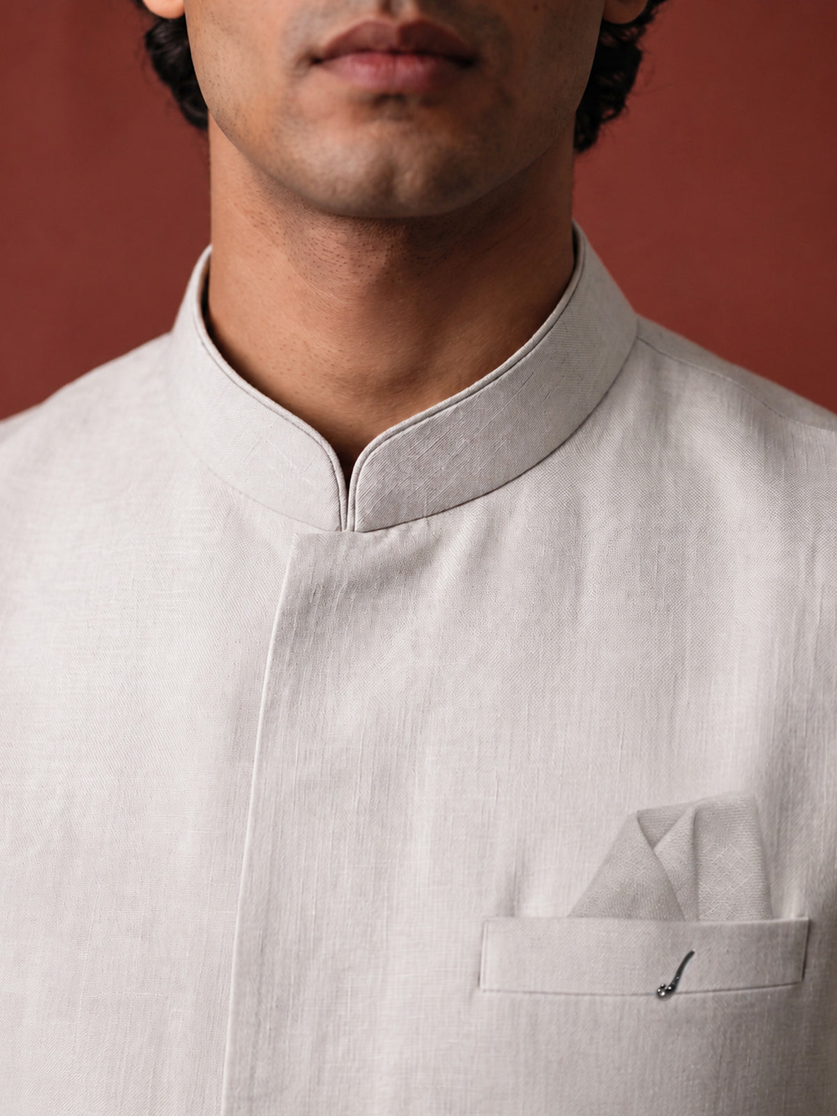 Grey Linen Bandi Shirt featuring Deer & Tree Embroidery for Men