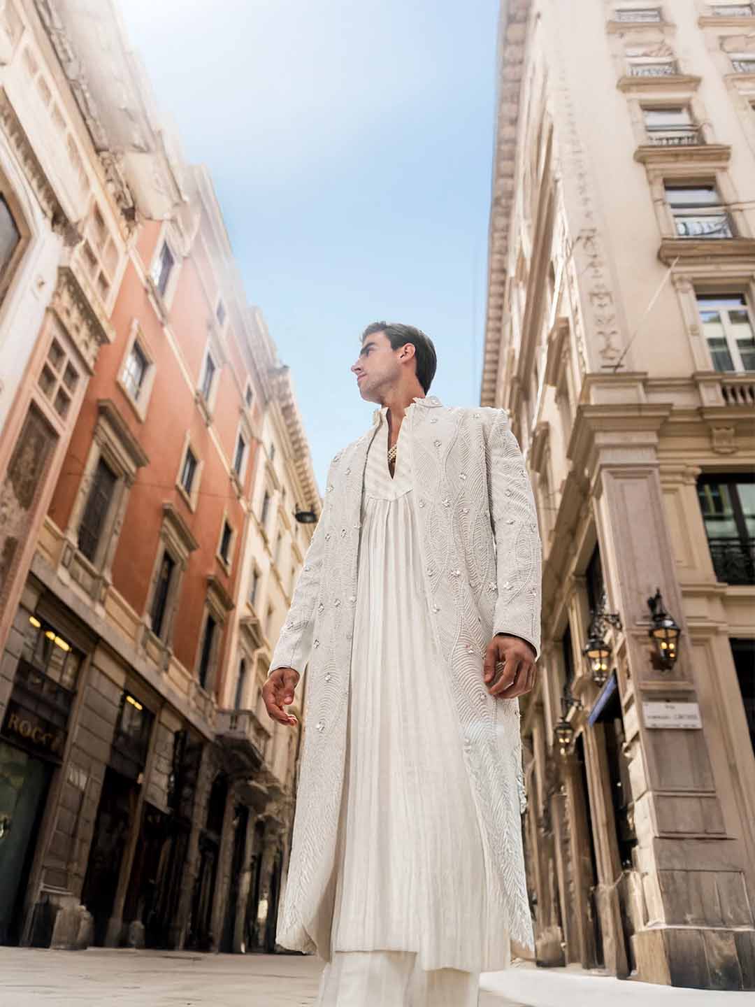 Detail view of stole and belt with ivory satin sherwani set for men