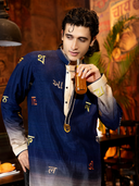 Navy Blue Rose Silk Embroidered Kurta Set with Beige Palazzo Pants | Men's Festive Wear - KORANM