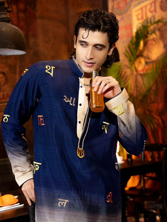 Navy Blue Rose Silk Embroidered Kurta Set with Beige Palazzo Pants | Men's Festive Wear - KORANM