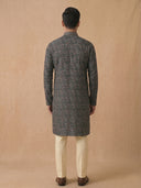 Black Silk Kurta Set for Men with Cream Aligarhi – Floral Embroidery - KORANM