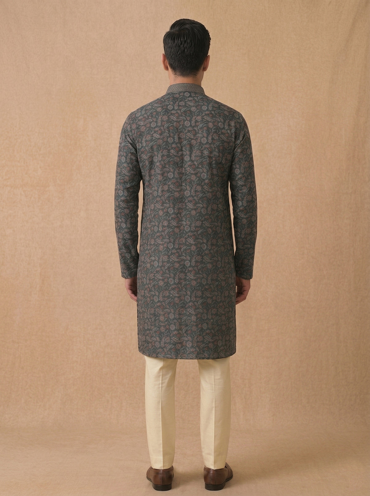 Black Silk Kurta Set for Men with Cream Aligarhi – Floral Embroidery - KORANM