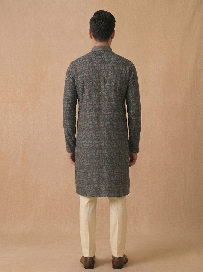Black Silk Kurta Set for Men with Cream Aligarhi – Floral Embroidery - KORANM