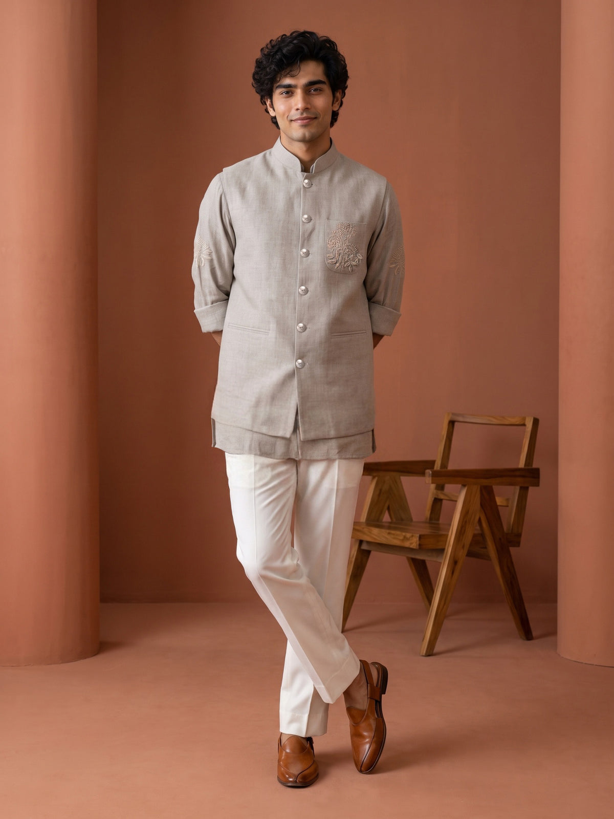 Natural Beige Linen Hand-Embroidered Bandi Shirt with Chinese Collar - KORANM
