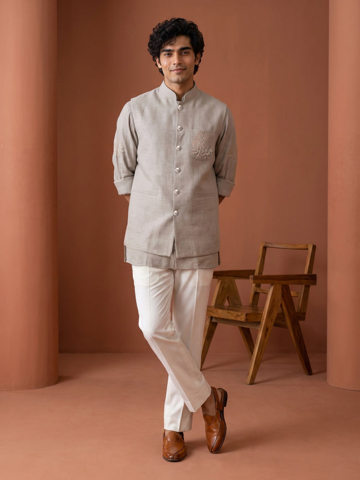 Natural Beige Linen Hand-Embroidered Bandi Shirt with Chinese Collar - KORANM