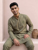 Olive Green Linen Chest Motif Embroidered Kurta & Aligarhi Set