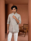 Natural Beige Linen Hand-Embroidered Bandi Shirt with Chinese Collar - KORANM