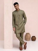 Olive Green Linen Chest Motif Embroidered Kurta & Aligarhi Set
