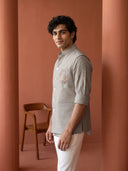 Natural Beige Linen Hand-Embroidered Bandi Shirt with Chinese Collar - KORANM
