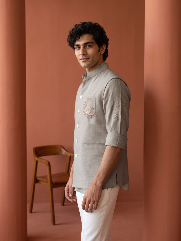 Natural Beige Linen Hand-Embroidered Bandi Shirt with Chinese Collar - KORANM