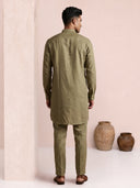 Olive Green Linen Chest Motif Embroidered Kurta & Aligarhi Set
