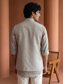 Natural Beige Linen Hand-Embroidered Bandi Shirt with Chinese Collar - KORANM
