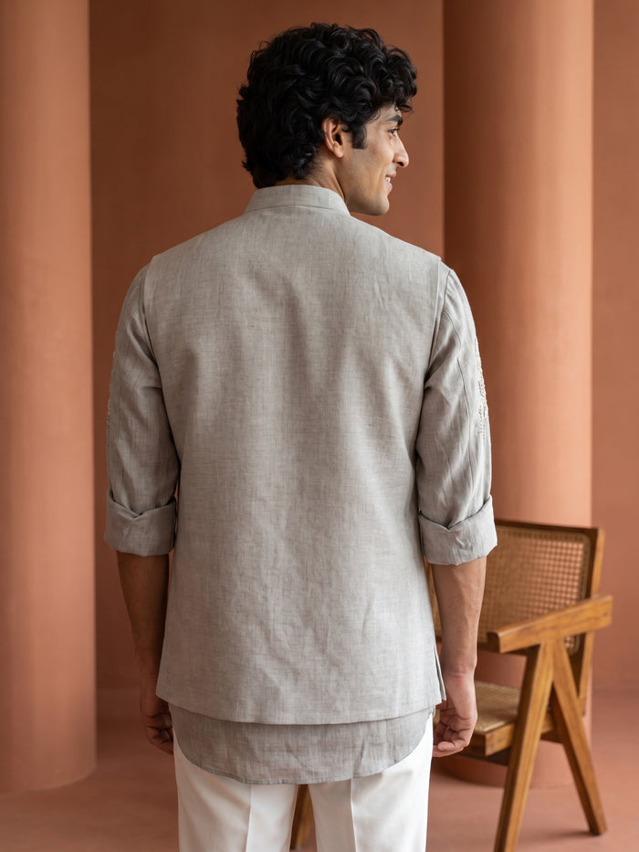 Natural Beige Linen Hand-Embroidered Bandi Shirt with Chinese Collar - KORANM