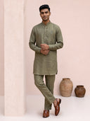 Olive Green Linen Chest Motif Embroidered Kurta & Aligarhi Set