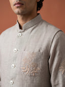 Natural Beige Linen Hand-Embroidered Bandi Shirt with Chinese Collar - KORANM