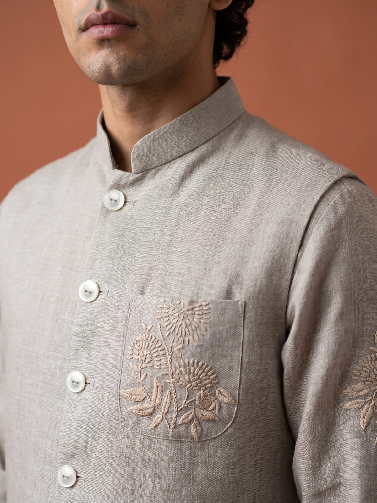 Natural Beige Linen Hand-Embroidered Bandi Shirt with Chinese Collar - KORANM