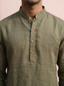 Olive Green Linen Chest Motif Embroidered Kurta & Aligarhi Set