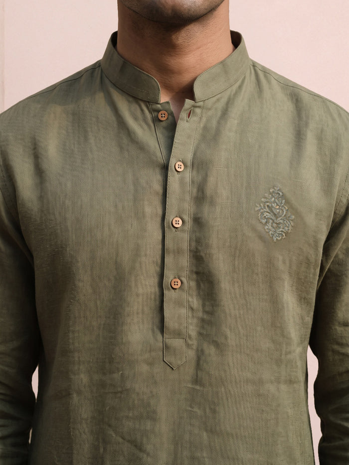 Olive Green Linen Chest Motif Embroidered Kurta & Aligarhi Set - KORANM