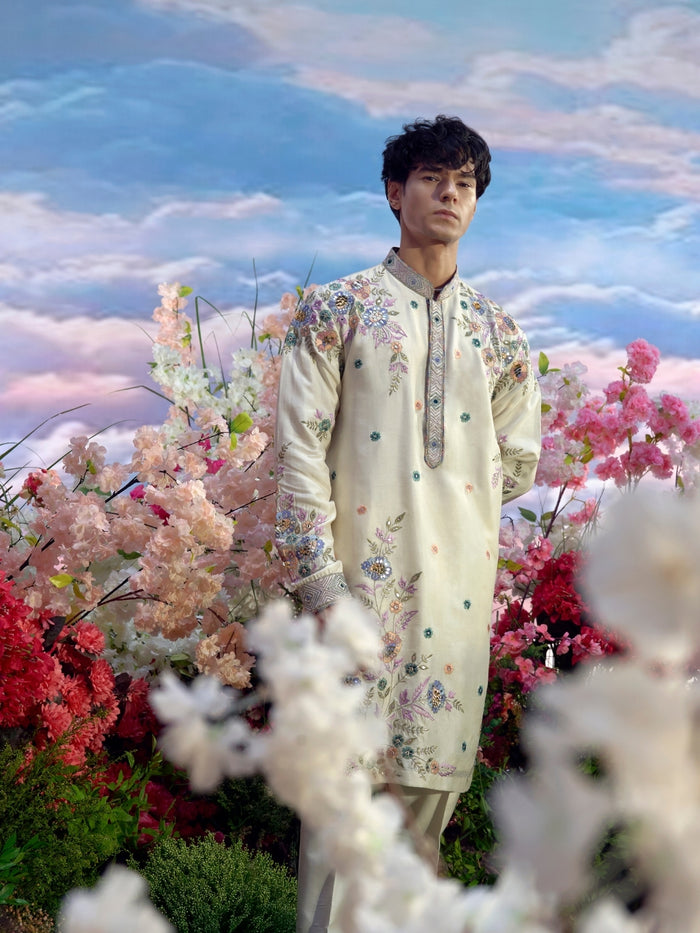 Cream Rose Silk Embroidered Kurta Set with Dupatta – Carnival Collection - KORANM