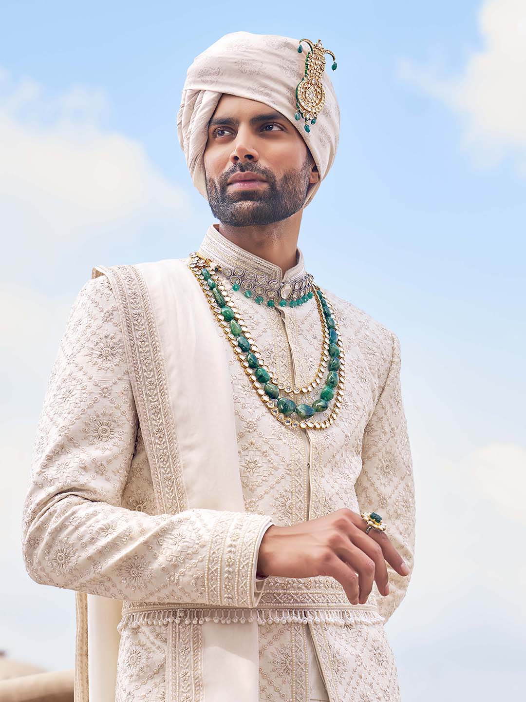 Pearl Cream Embroidered Wedding Sherwani For Groom