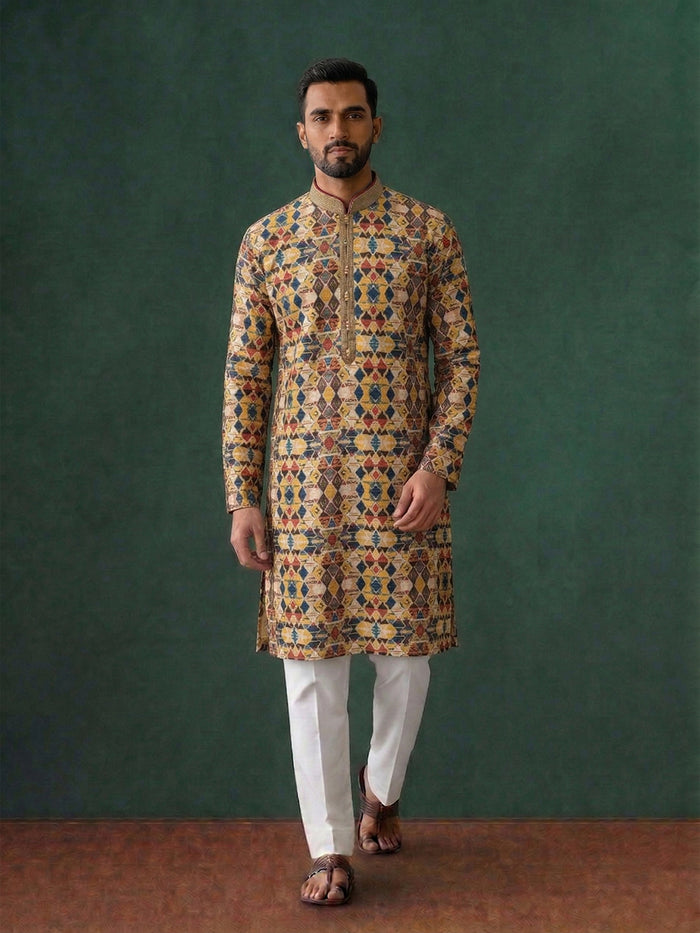 Pink Silk Kurta Set with White Aligarhi for Men | Reception & Festive Wear - KORANM
