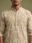 Natural Fawn Linen Geometric Embroidered Kurta Set