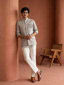 Dark Natural Beige Linen Hand-Embroidered Bandi Shirt with Chinese Collar