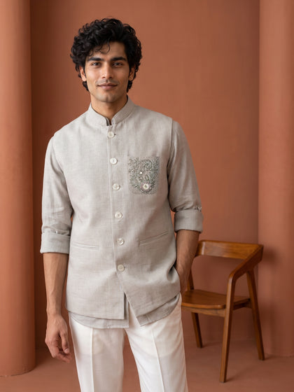 Dark Natural Beige Linen Hand-Embroidered Bandi Shirt with Chinese Collar
