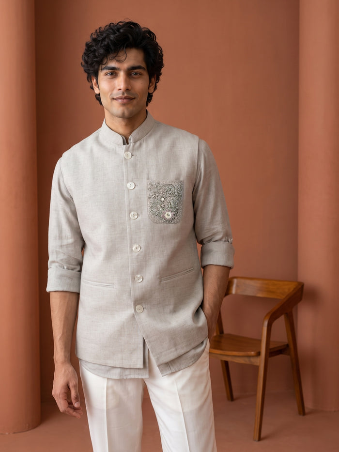 Dark Natural Beige Linen Hand-Embroidered Bandi Shirt with Chinese Collar - KORANM