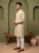 Natural Fawn Linen Geometric Embroidered Kurta Set