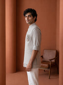 Dark Natural Beige Linen Hand-Embroidered Bandi Shirt with Chinese Collar