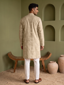 Natural Fawn Linen Geometric Embroidered Kurta Set