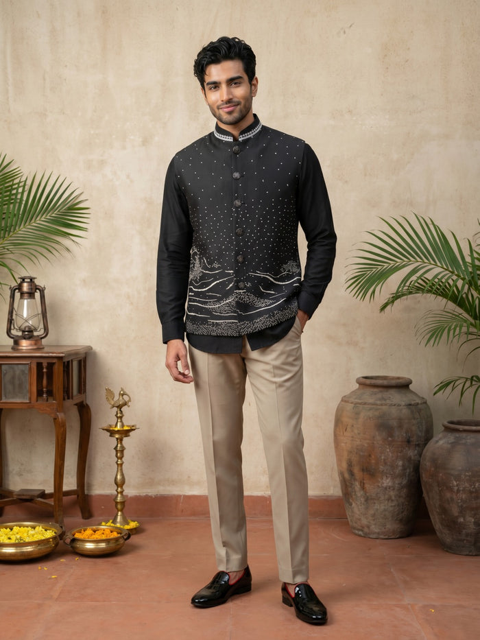 Black Terry Rayon Bandi Shirt with Embroidery