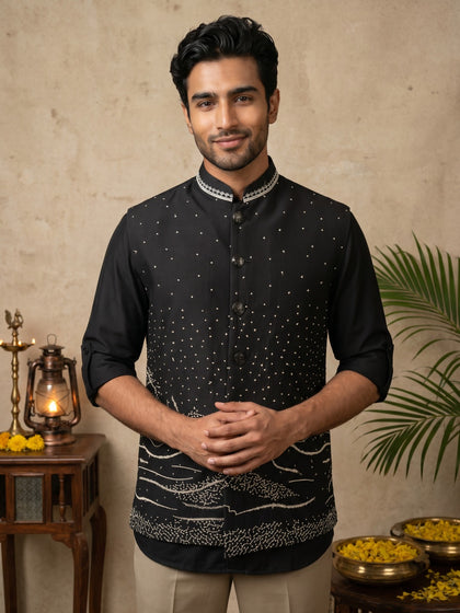 Black Terry Rayon Bandi Shirt with Embroidery