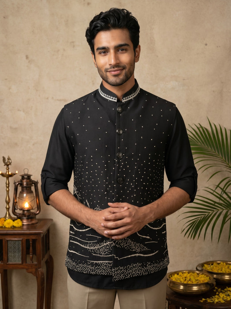 Black Terry Rayon Bandi Shirt with Embroidery - KORANM