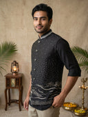 Black Terry Rayon Bandi Shirt with Embroidery