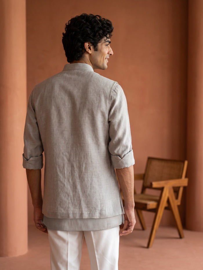 Dark Natural Beige Linen Hand-Embroidered Bandi Shirt with Chinese Collar - KORANM