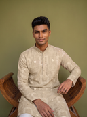 Natural Fawn Linen Geometric Embroidered Kurta Set