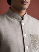 Dark Natural Beige Linen Hand-Embroidered Bandi Shirt with Chinese Collar