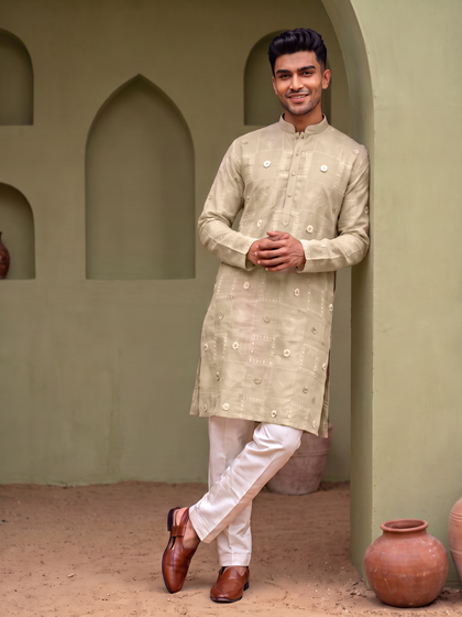 Natural Fawn Linen Geometric Embroidered Kurta Set